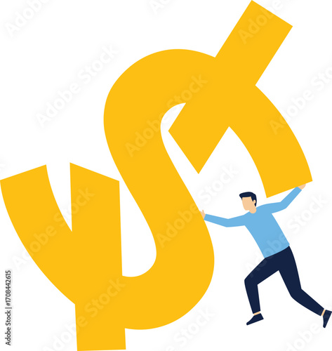 Businessmen push fallen broken dollar sign metaphor of crisis and inflation-Financial.

