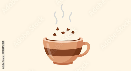 Hot Chocolate Cup with Steam and Chocolate Chips.
