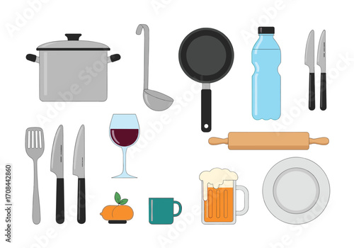 Collection of kitchen utensils and cooking items displayed on a white background.