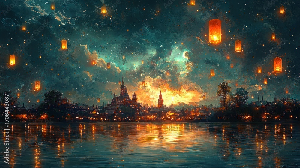 Obraz premium Magical city skyline with floating lanterns reflecting in calm water at sunset.