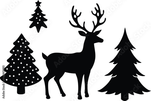 Deer, Christmas tree and hare. Winter Christmas vintage set silhouette Vector illustration