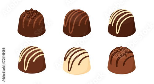 A delicious assortment of six different chocolate candies.