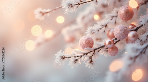 muted pastel holiday tones with soft wreath shapes, snow mist effect, warm and dreamy look