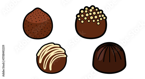 Assortment of four delicious illustrated chocolate truffle candies.