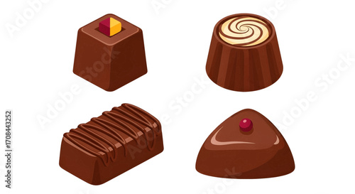 Assortment of exquisite chocolate candies in various shapes and designs.