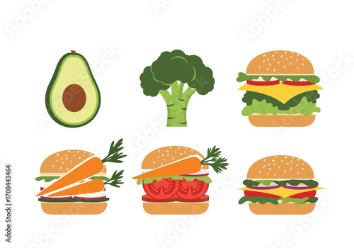 Healthy vegetarian burgers with fresh ingredients like avocado and broccoli.