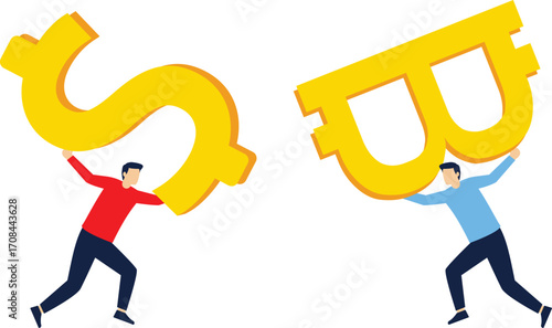 businessman holding a dollar and bitcoin coin for invest currency . flat vector character illustration.
