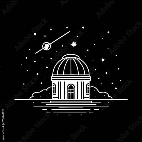 A white line art drawing of an observatory under a starry night sky with a planet and stars visible above