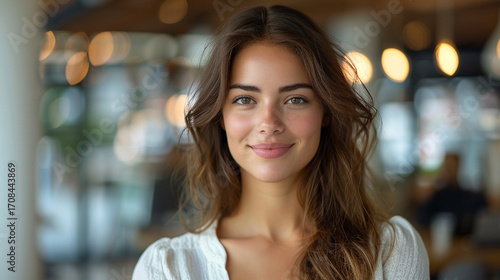 Wallpaper Mural Confident Hispanic businesswoman smiling in bright office setting, professional headshot with direct eye contact and neutral background Torontodigital.ca