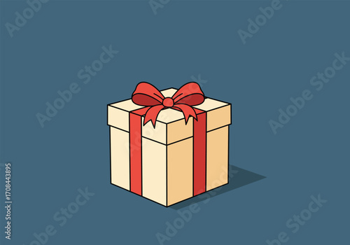 A simple gift box with a red ribbon and bow sits on a dark blue background.
