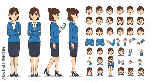 Businesswoman character creation kit with various poses, facial expressions, and hand gestures for animation