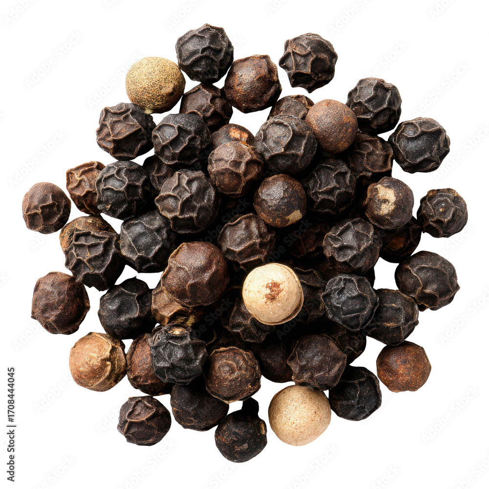 Obraz premium Close up of dried black peppercorns and white peppercorns on a black background spice seasoning, Isolated On White, Png Transparent, Cut Out