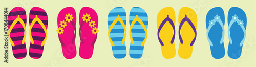 A vector set of colorful summer flip flops with various patterns a flat design icon collection of beach sandals flip flops with stripes and flowers for vacation, travel and leisure concepts