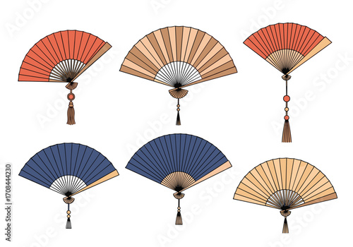 A collection of traditional folding fans from different cultures and eras.