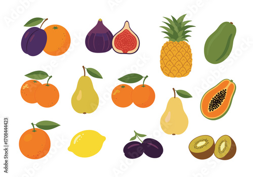 A colorful assortment of fresh fruits including plums oranges figs and pineapple.