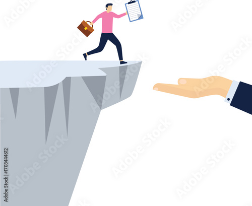Concept Change job, leave company for new career opportunity, Confident brave businessman carrying belongings escape jumping off cliff to help giant hand, decision to change employer concept.

