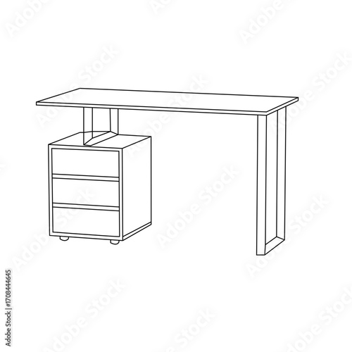 Clean line drawing of an L-shaped desk with a separate, lower storage unit featuring three drawers.