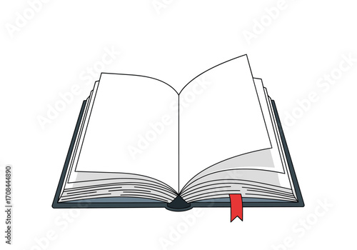An open book with blank pages and a red bookmark is shown against a white background.