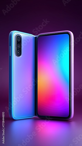 Iridescent foldable smartphone with dual screens.