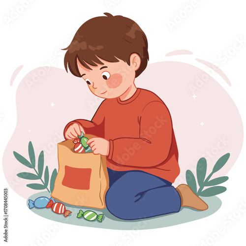 Young boy sitting on the floor and unpacking candy from bag  
