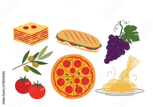 Delicious Italian food assortment with pasta pizza and olives.