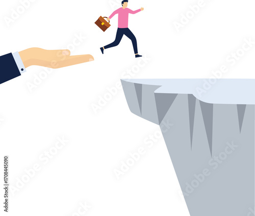 Businessman jump through the gap obstacles between hill success. Running and jump over cliffs. Business risk and success concept. Cartoon Vector Illustration. eps 10
