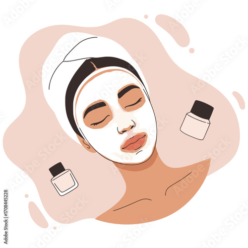 Woman relaxing with a facial mask and skincare products on face  