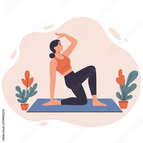 Woman practicing yoga on mat with plants in bright environment  