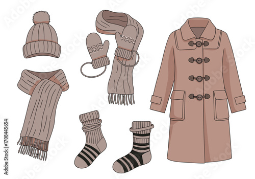 A collection of warm winter clothing essentials for cold weather.
