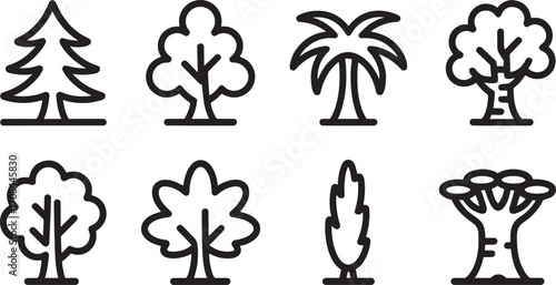 Diverse Tree Icons Set Representing Nature Conservation and Environmental Awareness in Vector Format