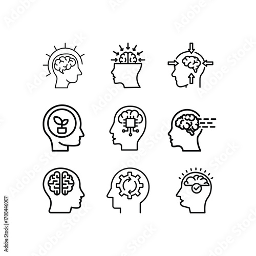 Mental Health and Brain Function Icons Set – Cognitive, Emotional, and AI Concepts
