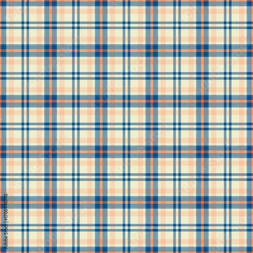 Classic plaid pattern in blue, orange, and cream hues.  Versatile textile design for backgrounds, fashion, or graphic projects requiring a traditional, warm texture.