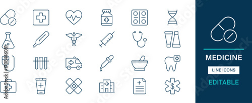 Minimalist line medicine icons pack. Pill, capsule, syringe, injection, stethoscope, hospital, doctor, nurse, ambulance, microscope and editable icons.
