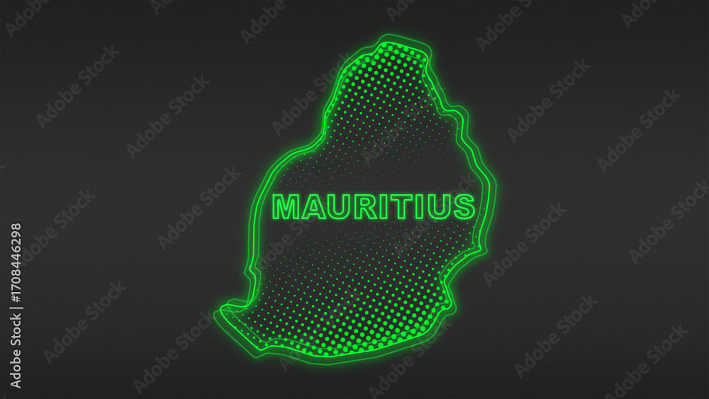 Fototapeta premium Neon Green Mauritius Map Outline Futuristic Digital Glow Halftone Illustration