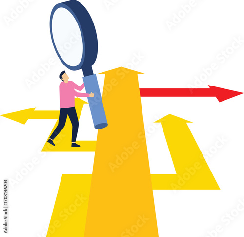 Businesswoman holding a magnifying glass to find the right direction among a bunch of complicated directional arrows

