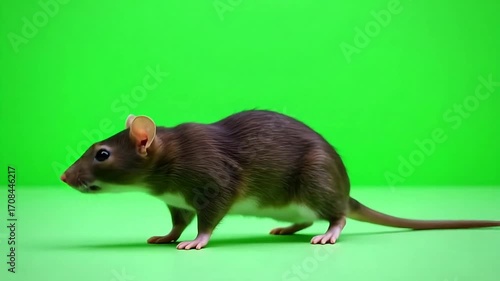 A curious brown rat stands alert on a bright green surface, its small eyes looking forward.
