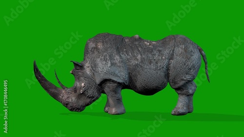 Realistic Rhino Attacking Scene From Left Side 3D Rendering Animation on Green Screen