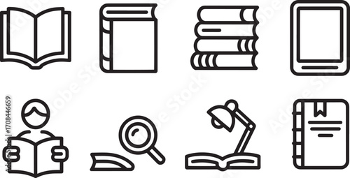 Education Icons Set Outline Style Book Reading Learning Study Knowledge School University Library