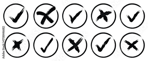 Set Hand drawn black circle check mark cross, x mark Icon set, right and wrong Vector sign Correct vote choice and rejection isolated symbol. Vector illustration.