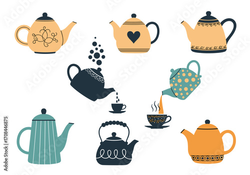 A collection of decorative teapots pouring beverages into cups.