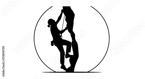 Silhouette of determined climber scaling a challenging rock face symbolizing achievement and adventure