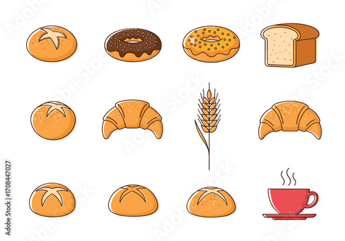 A collection of delicious pastries and bread items for a bakery.