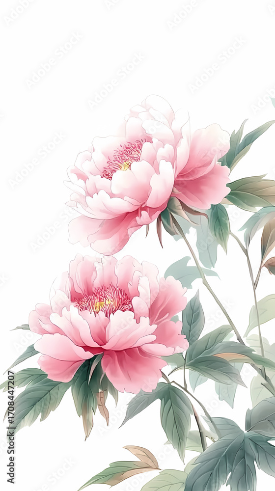 Fototapeta premium Delicate Pink Peony Blossoms in Watercolor Style