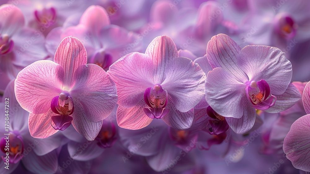 Obraz premium Elegant seamless pattern of mauve orchid blossoms, evenly spaced on a neutral background, ideal for upscale fabric or wallpaper design