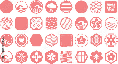 Collection of Japanese Stamp Icons Featuring Waves, Flowers, Clouds, Geometric Shapes and Typography in a Coral Color Palette