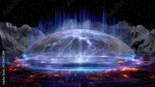 Wallpaper Mural Futuristic Dome Emitting Vibrant Blue and Orange Light Against Cosmic Background with Cascading Energy Waves.animation loop concept Torontodigital.ca