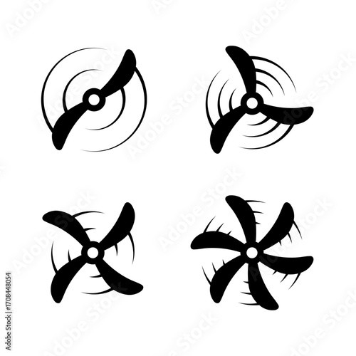 Airplane propeller icons. Vector silhouette rotor design for aviation, drones, and engineering graphics