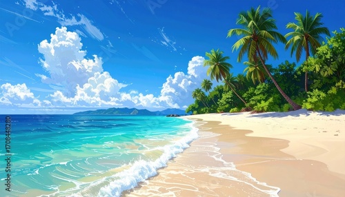 Tropical Beach Paradise with Turquoise Water and Lush Green Palm Trees Under Bright Blue Sky Pixel Art Style Scenic Coastal View