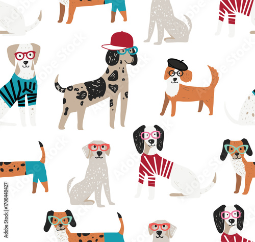 Seamless Pattern of Hipster Dogs with Glasses