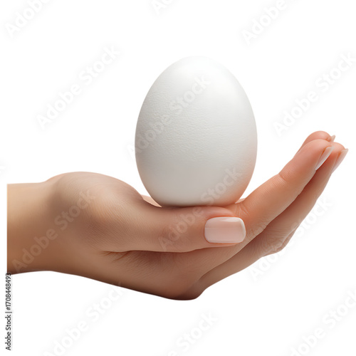 White egg in hand ready to use on white background